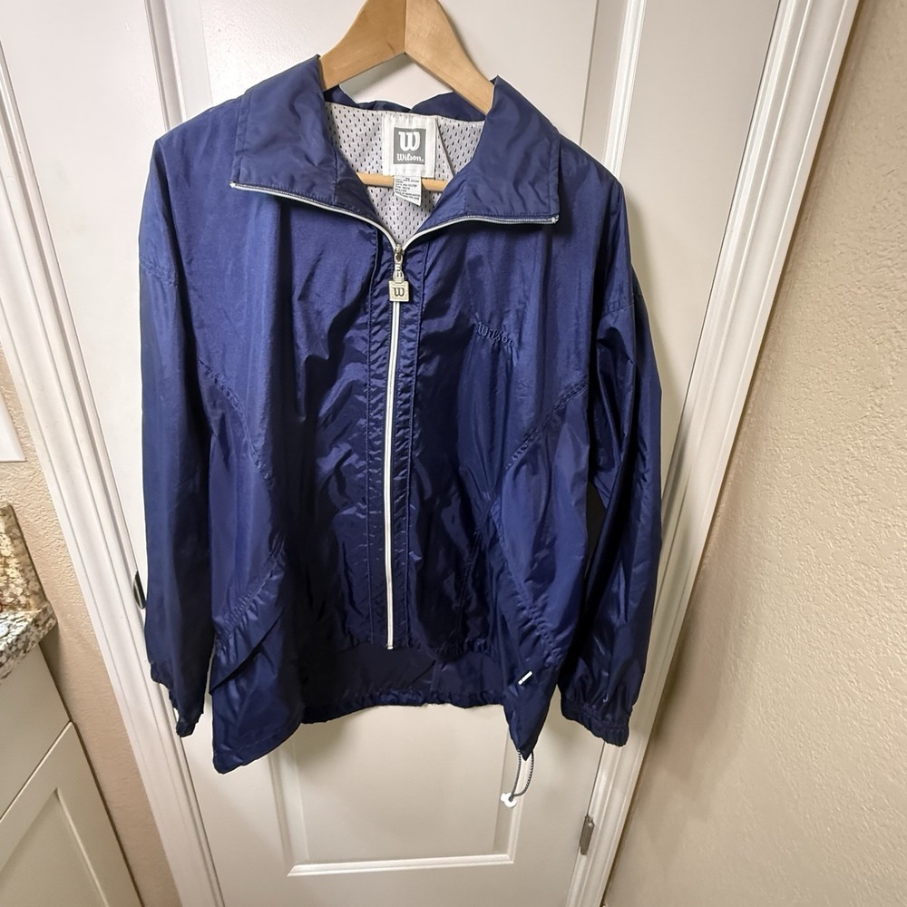 Vintage Wilson Windbreaker Jacket Men XL Navy Blue Nylon Mesh Lined 90s Tennis